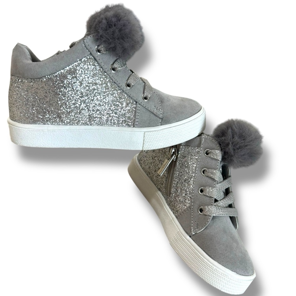 Kids Size 10 Glitter Gray Shoes with Pom-Poms Kenneth Cole New York